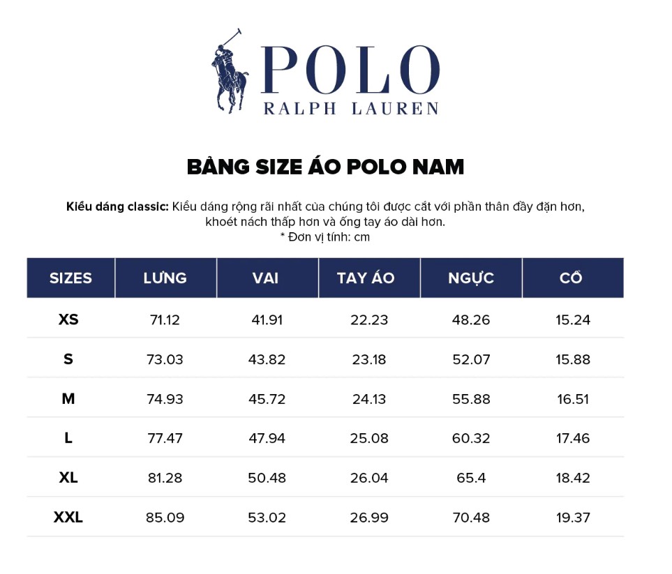 Polo ralph lauren classic fit size chart best sale